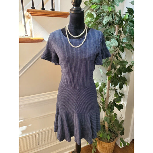 Banana Republic Womens Navy Striped Linen Blend Flutter Knee Length Dress 8