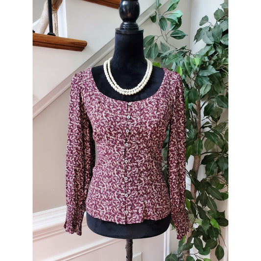 Loft Women's Red 100% Rayon Scoop Neck Long Sleeve Button Down Shirt Size XS
