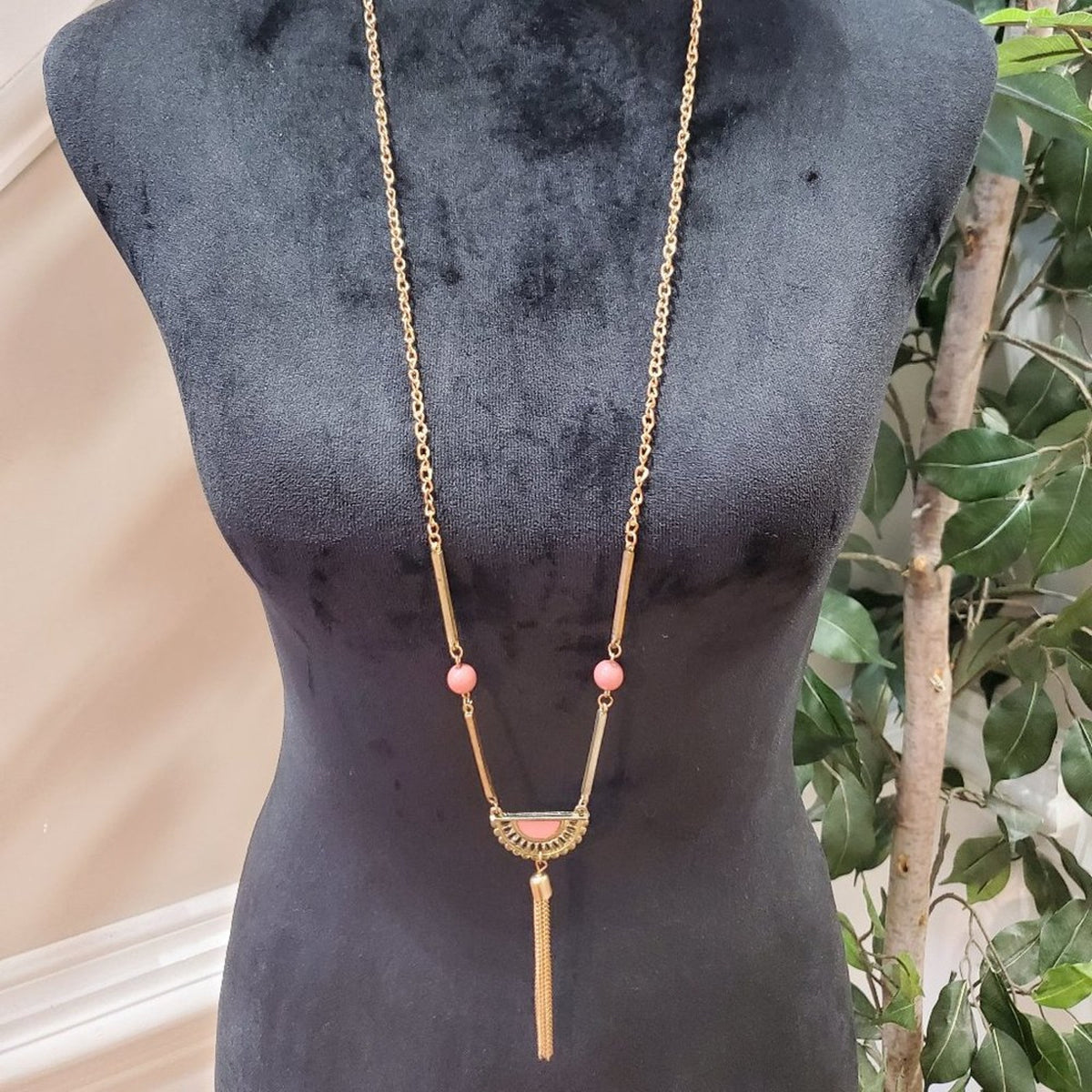 Womens Pink Semicircle Stone Kallaite Malachite Metal Tassels Pendant Necklace