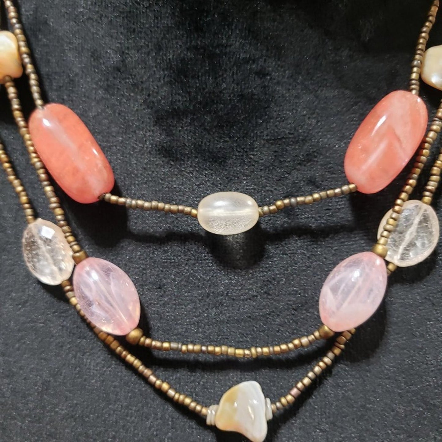 Womens Fashion Triple Strand Beaded Charm Collar Necklace with Lobster Clasp