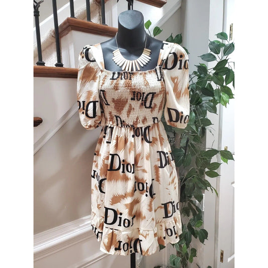 Mina Collection Women's Beige & Brown Square Neck Half Sleeve Knee Length Dress