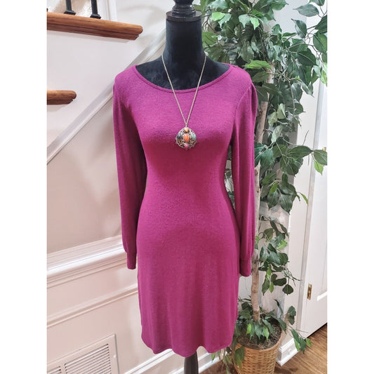 Ab Studio Purple Plum Solid Rayon Round Neck Long Sleeve Knee Length Dress XS