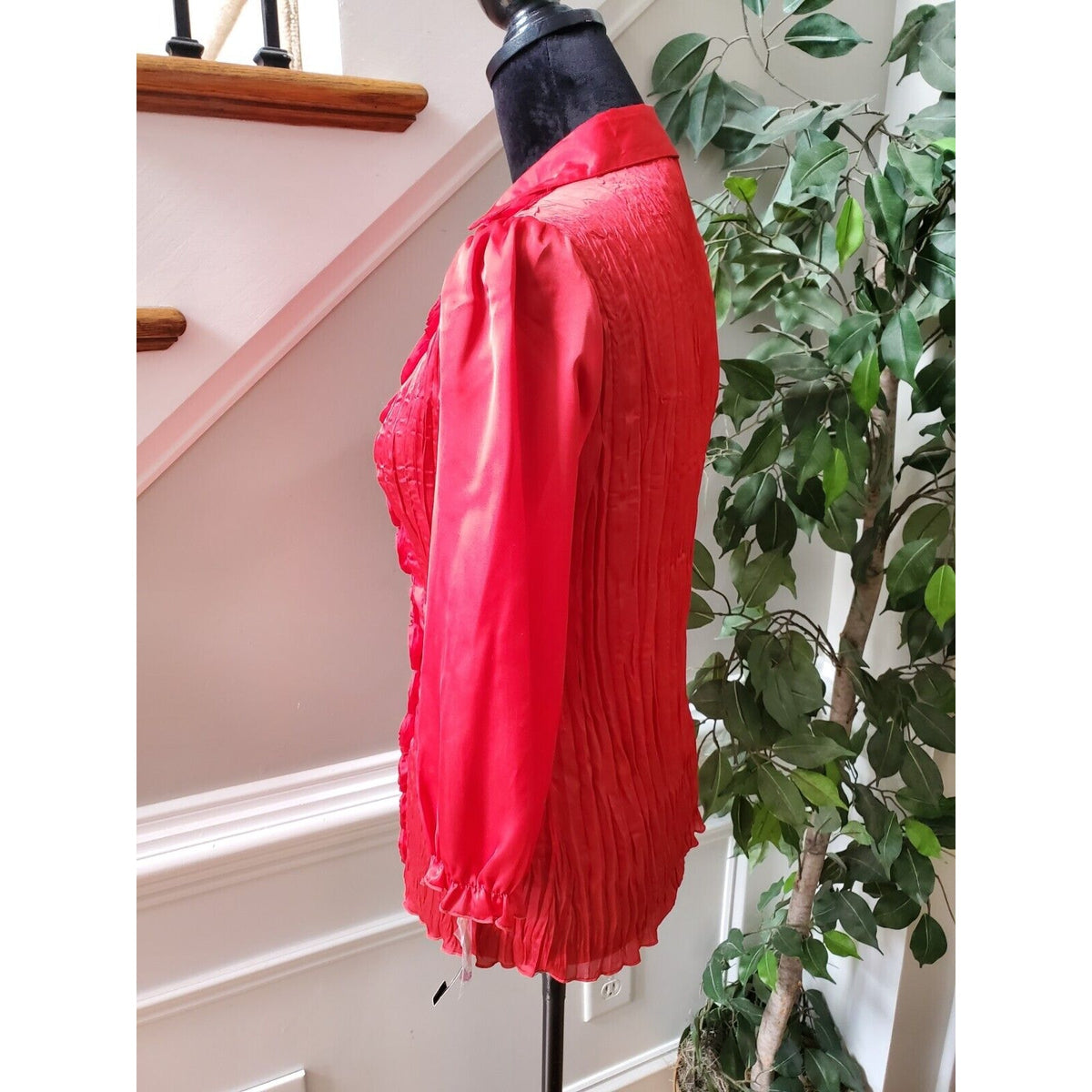 New Directions Women Red Polyester Collared Neck Long Sleeve Button Down Shirt S
