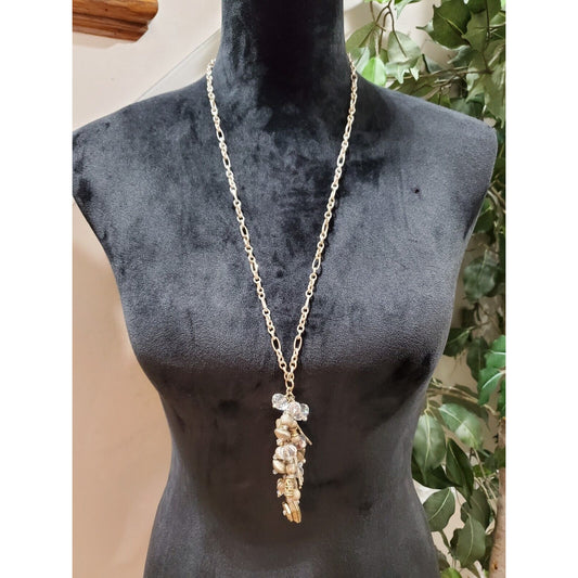Women's Gold and Crystal Beaded Leaf Stylish Pendant Long Necklace