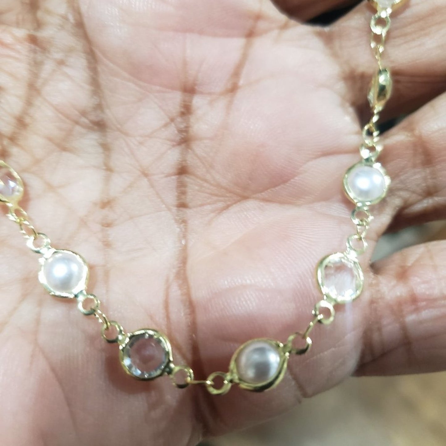 Womens Fashion Yellow Gold and Faux Pearl Beads Long Necklace w/ Lobster Clasp