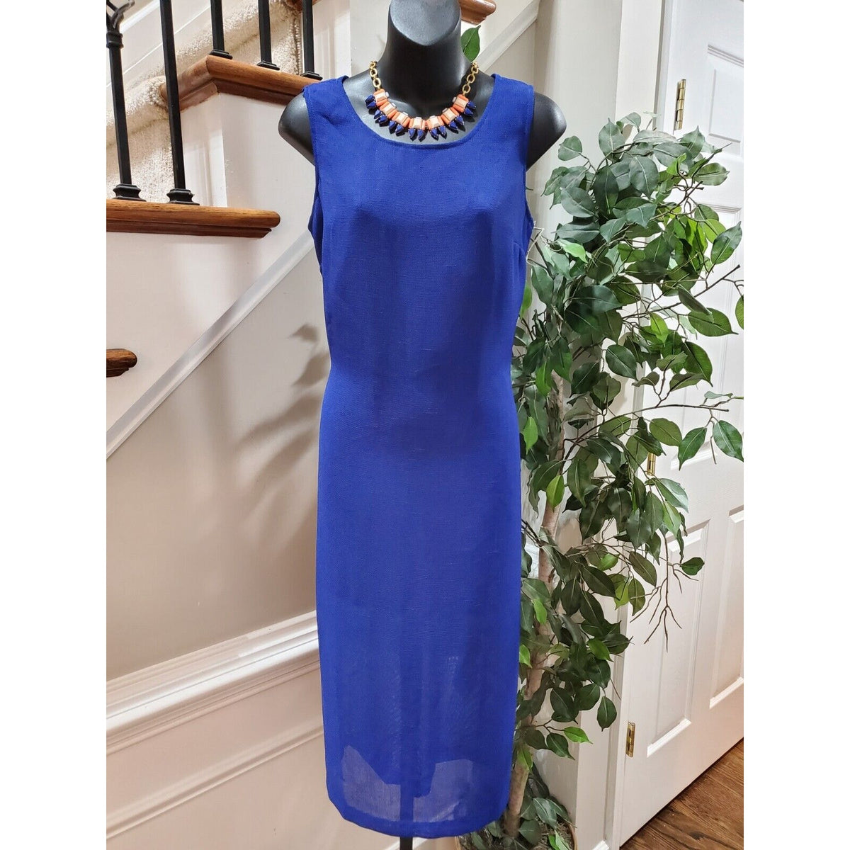 Miss Dorby Women Blue Solid Short Sleeve Jacket & Knee Length Dress 2 Pcs Suit M