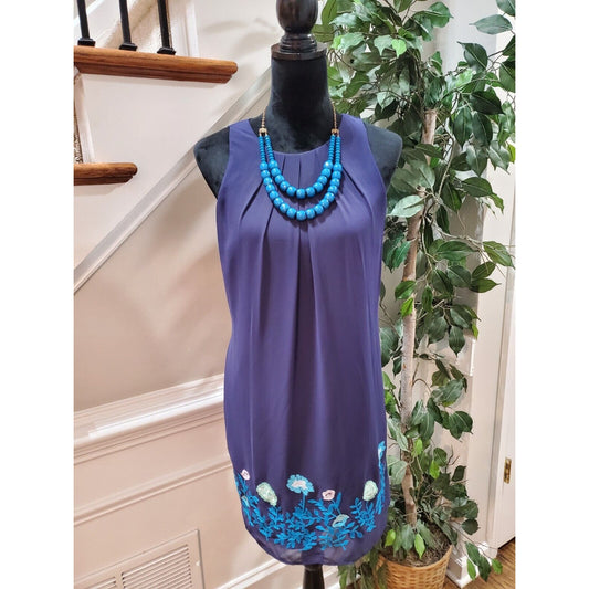 LOFT Women's Blue Embroidered Floral Round Neck Sleeveless Knee Length Dress 4
