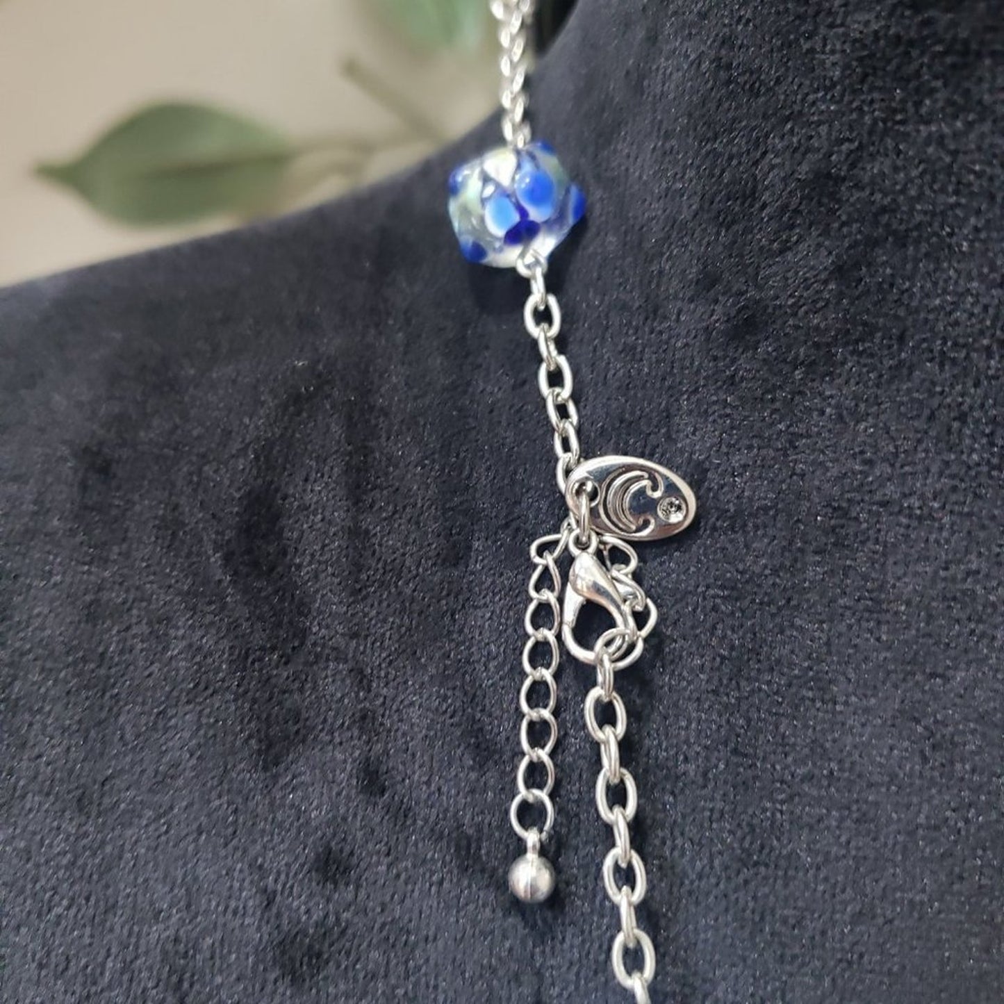 Womens Silver Tone Wired Flowers Designed Squares, Blue Stone Charm Necklace