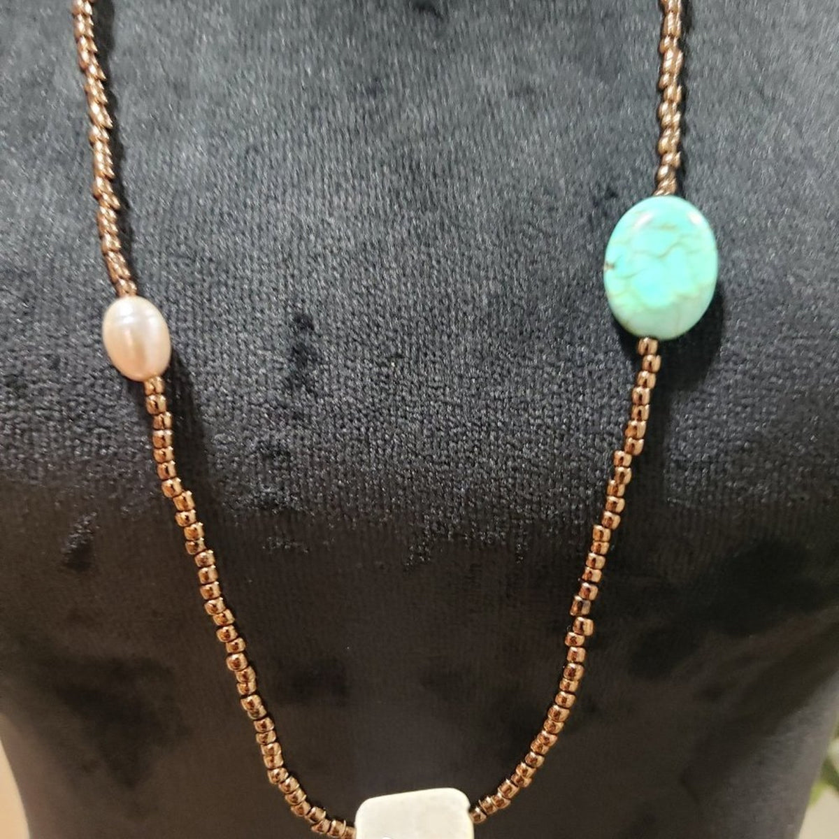 Womens Gold Tone Beads Blue Turquoise Stone Teardrop Charm Necklace