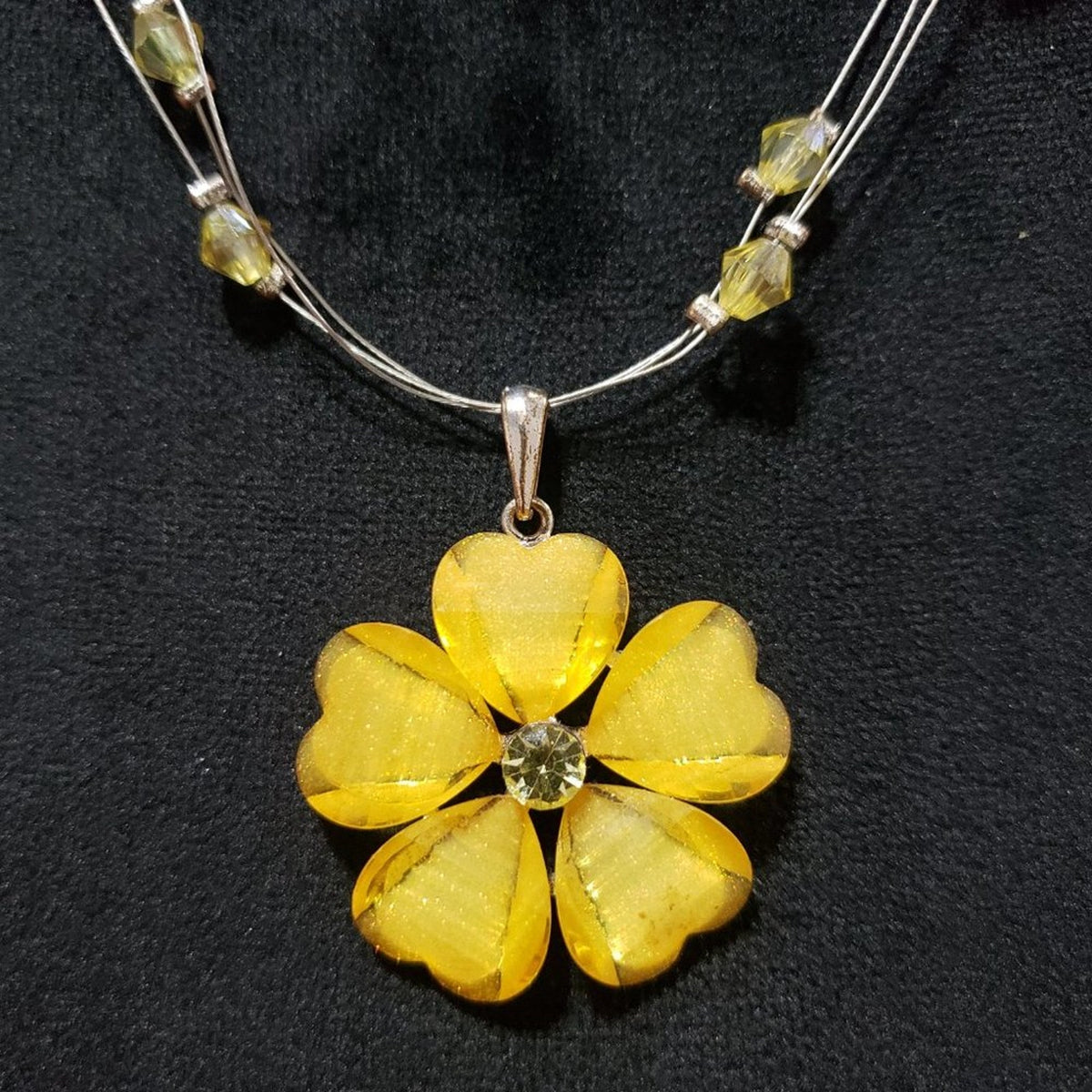 Womens Fashion Triple Strand Yellow Flower Pendant Beaded Charm Necklace