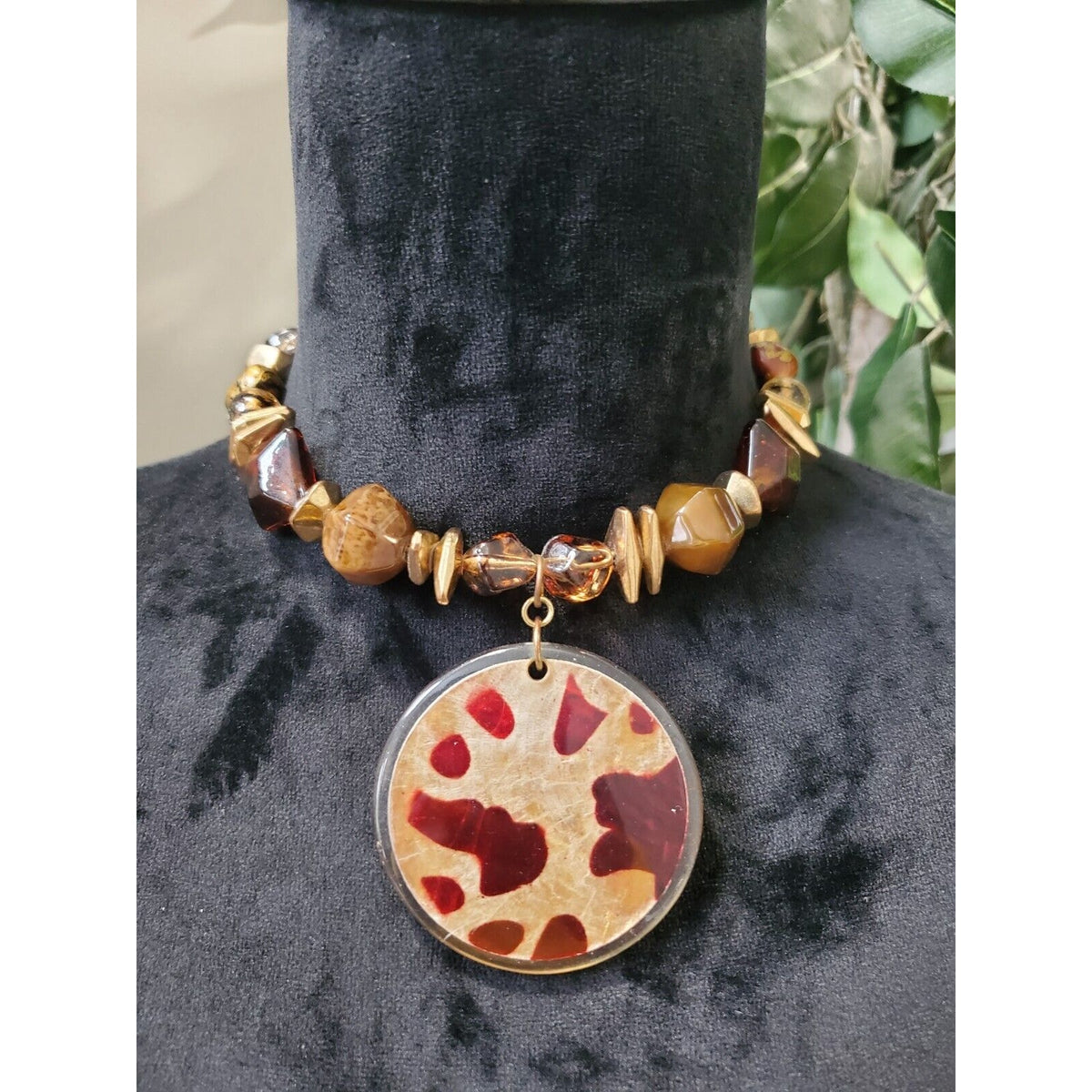 Faux Tortoise Choker, Gold and Red Statement Necklace, Animal Print Necklace
