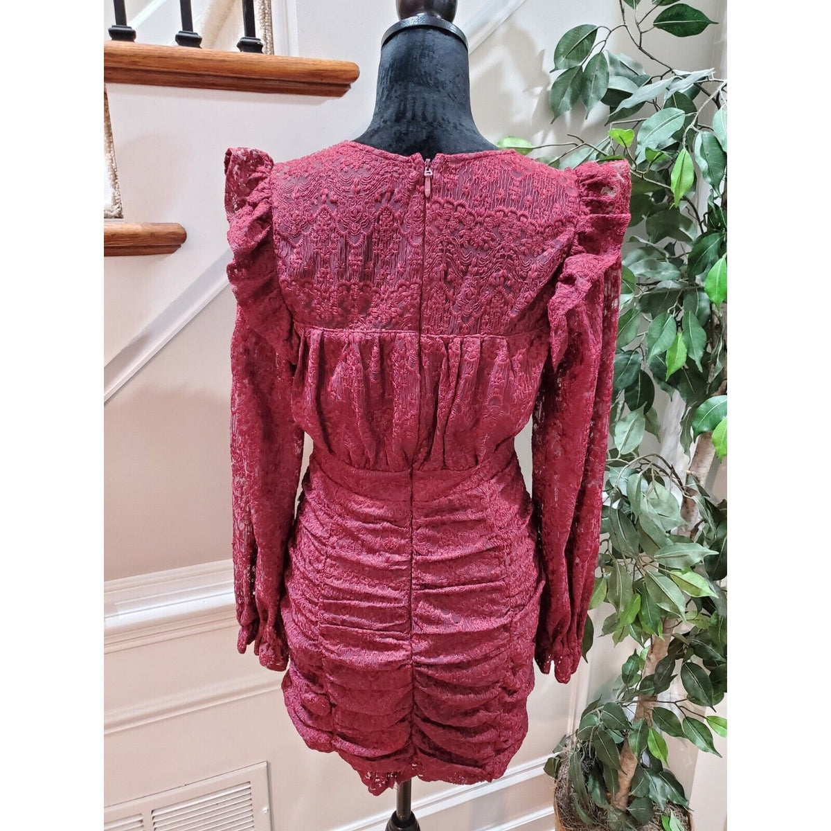 Just Me Women's Maroon polyester Round Neck Long Sleeve Knee Length Dress Size S