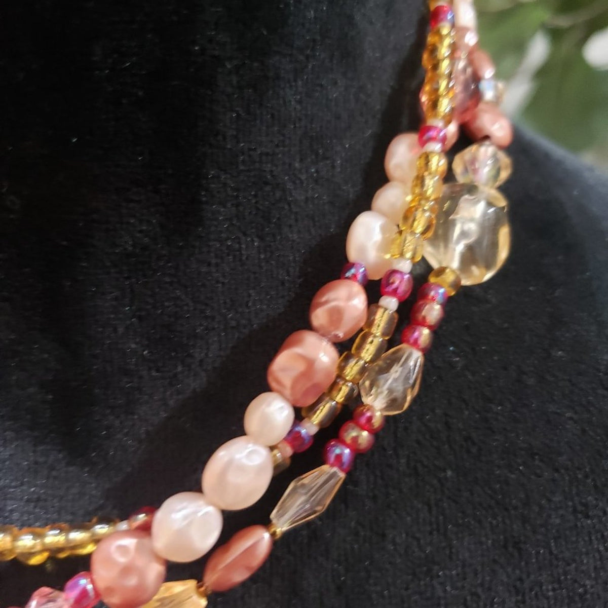 Women's Multi strand Textured Glass Bead With Crystal Stone Necklace