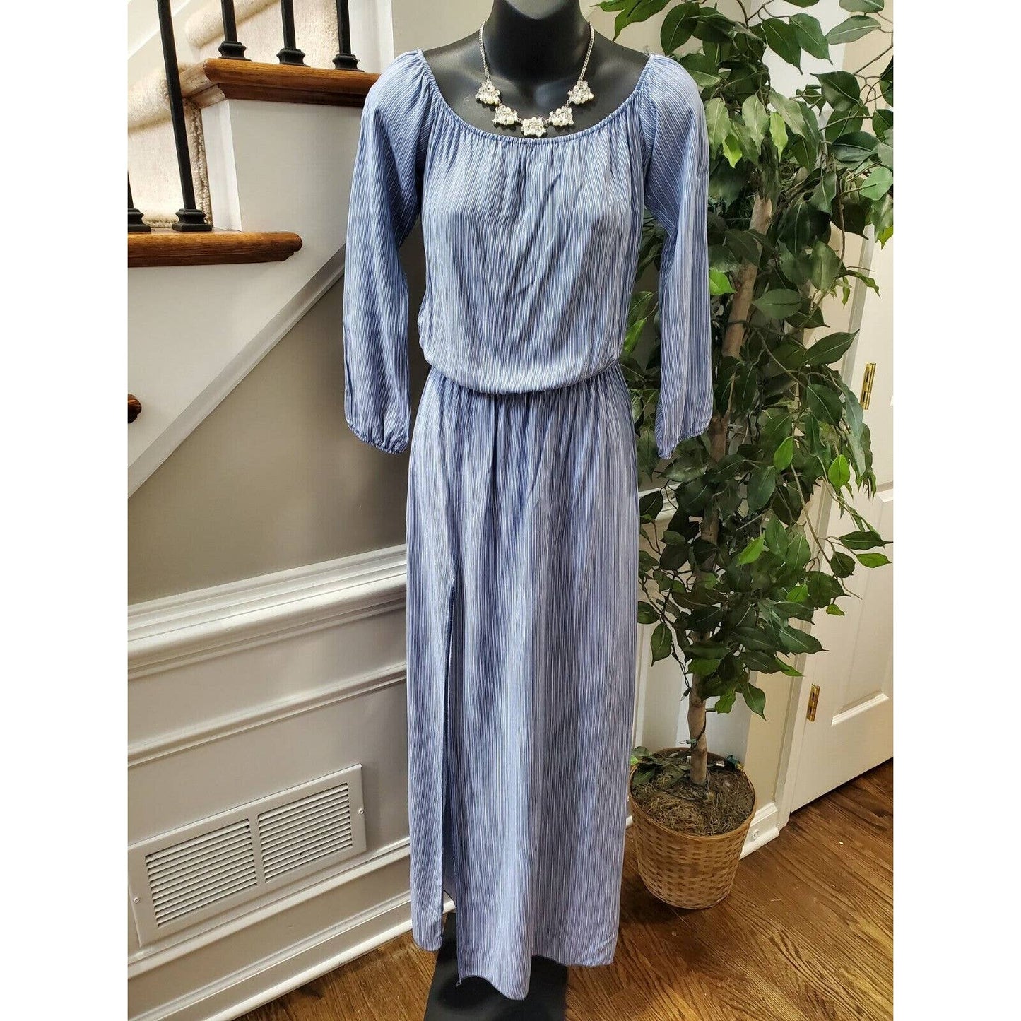 Boutique Lula & Lala Women's Blue Rayon Long Sleeve Scoop Neck Maxi Dress Size M