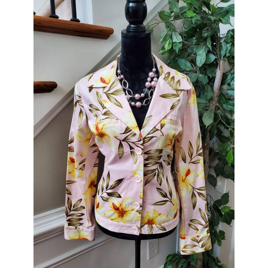Jamaica Bag Women's Pink Floral Cotton Long Sleeve Single Breasted Blazer Size L