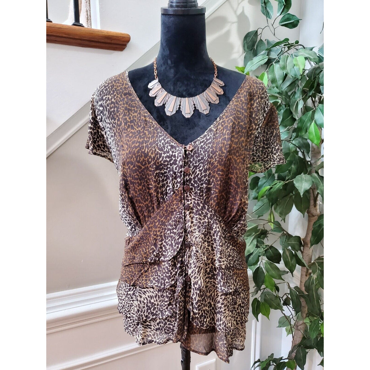 International Concepts Women's Brown Silk V-Neck Short Sleeve Casual Blouse 20W