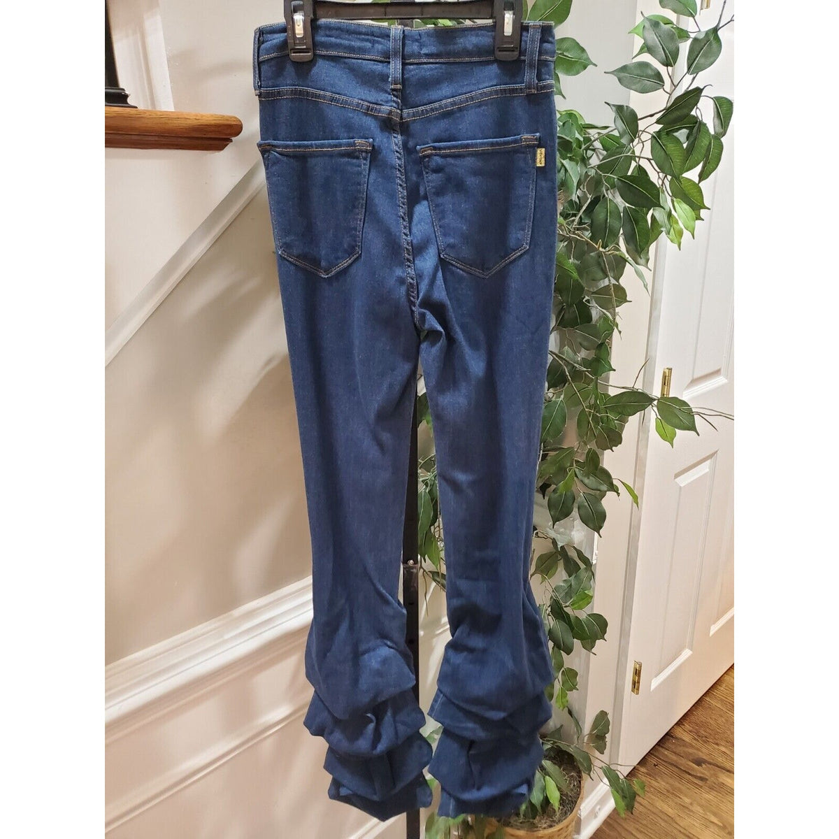 Vibrant Womens Stacked Blue Denim Rayon Distressed Pockets Pull On Jeans Large