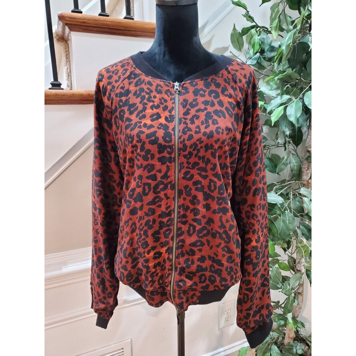Beachlunchlounge Womens Red & Black Leopard Print Full Zip Front Jacket Size XL