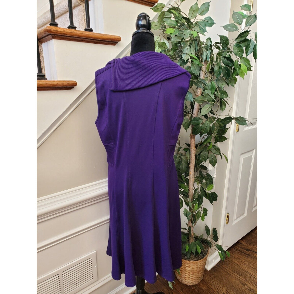 Spense Women's Purple Solid Polyester Cowl Neck Sleeveless Knee Length Dress 14