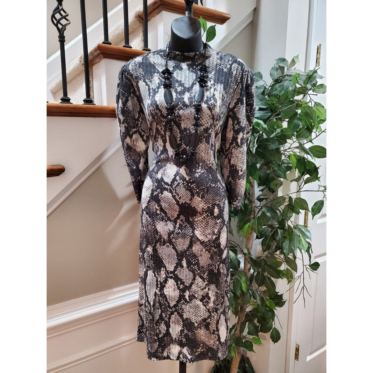 Emma & Michele Women Black Polyester Mock Neck Long Sleeve Knee Length Dress 10