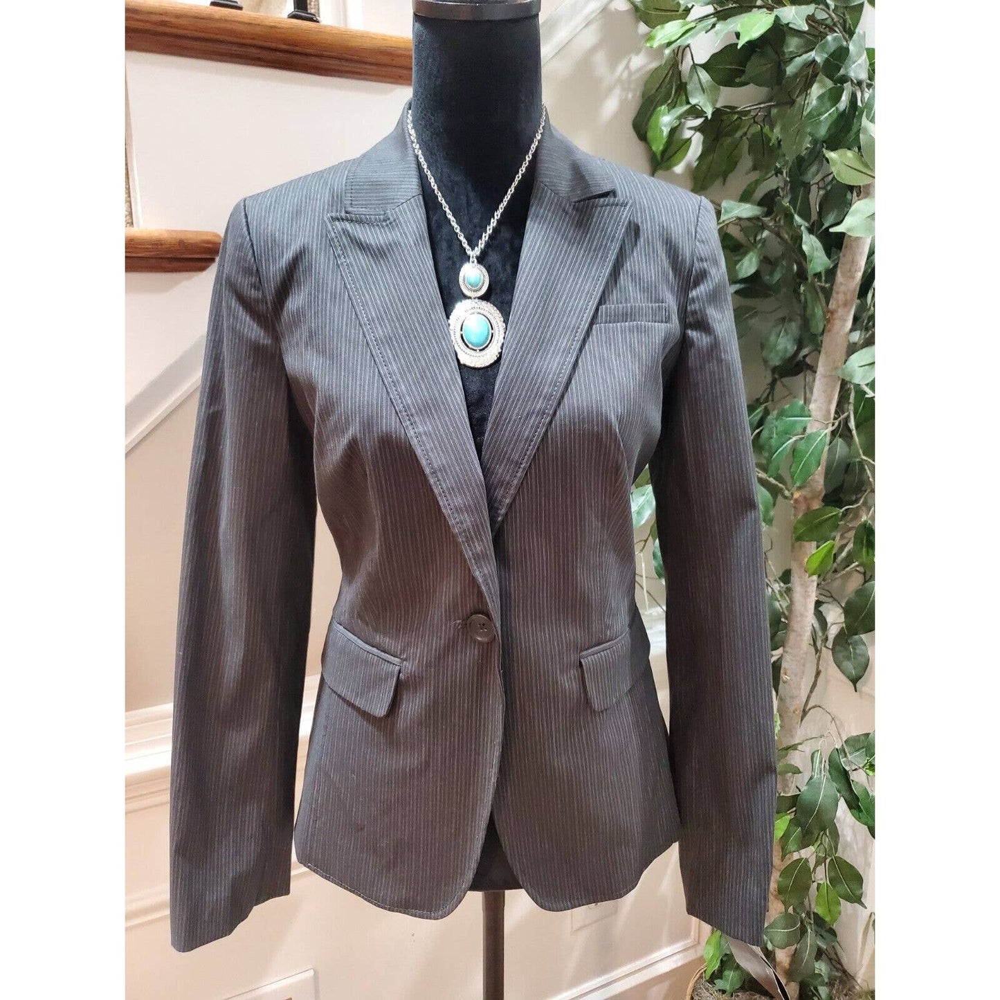 Banana Republic Women Gray Striped Cotton Long Sleeve Single Breasted Blazer 8