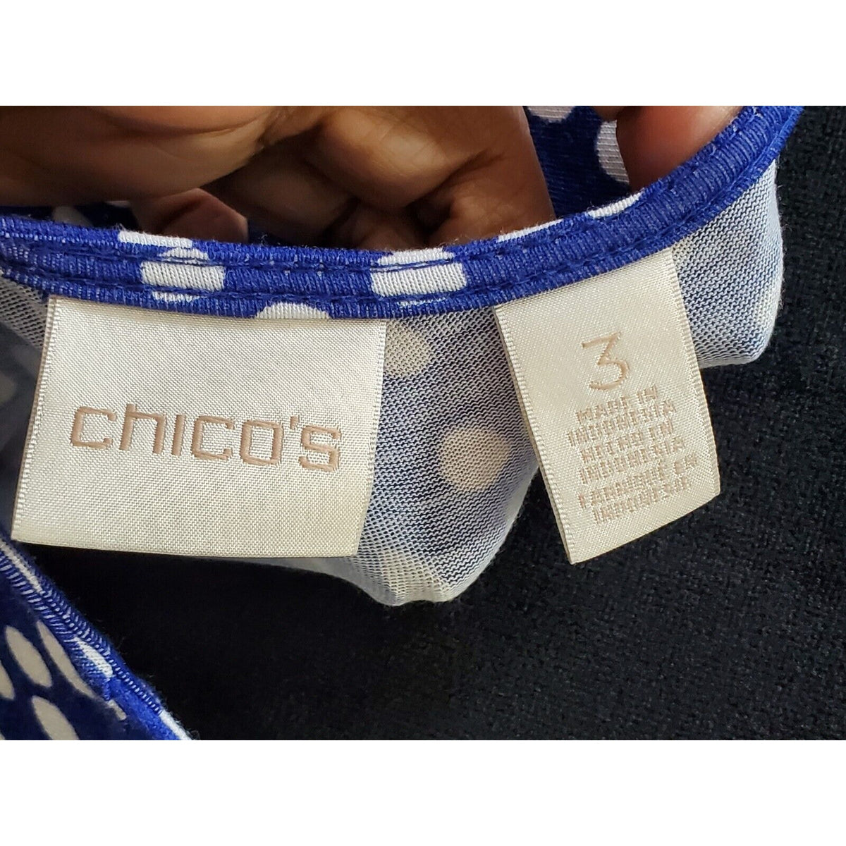 Chico's Blue Polka Dot Rayon Round Neck Long Sleeve Casual Top Blouse (3) XL