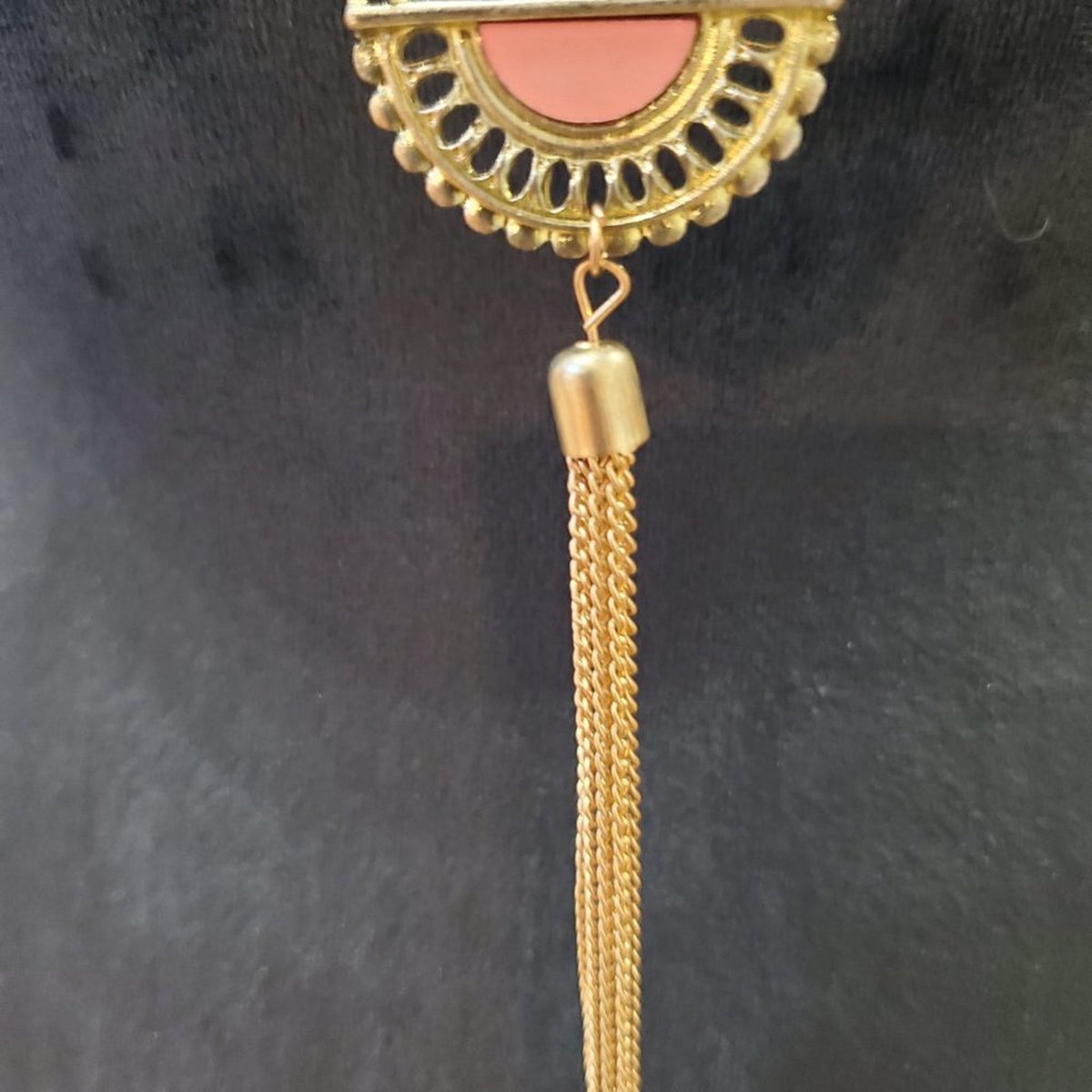 Womens Pink Semicircle Stone Kallaite Malachite Metal Tassels Pendant Necklace