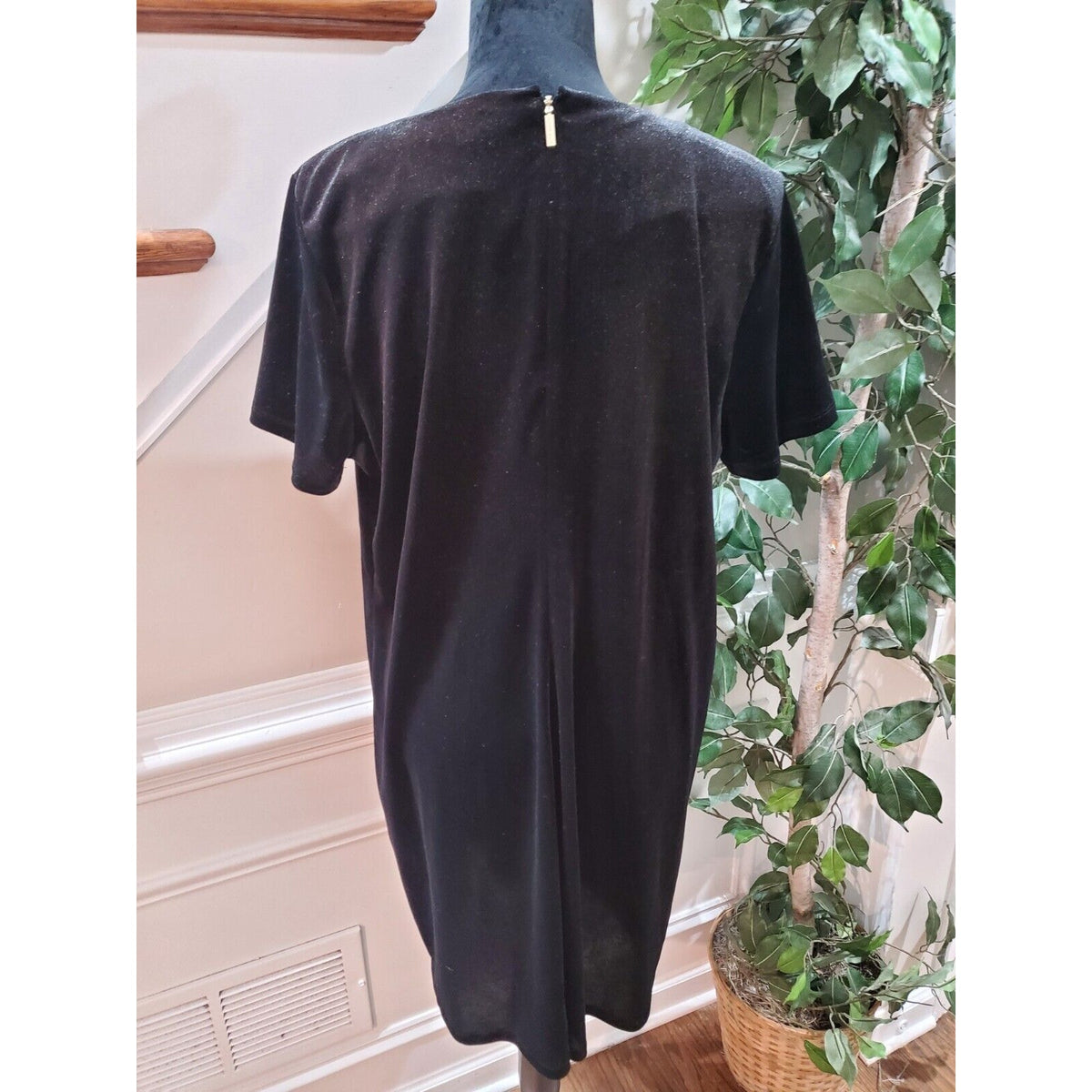 Michael Kors Velvet Black Polyester Round Neck Short Sleeve Knee Length Dress XL