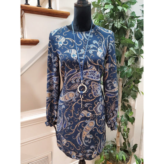 H&M Women's Blue Paisley Polyester Round Neck Long Sleeve Knee Length Dress 2