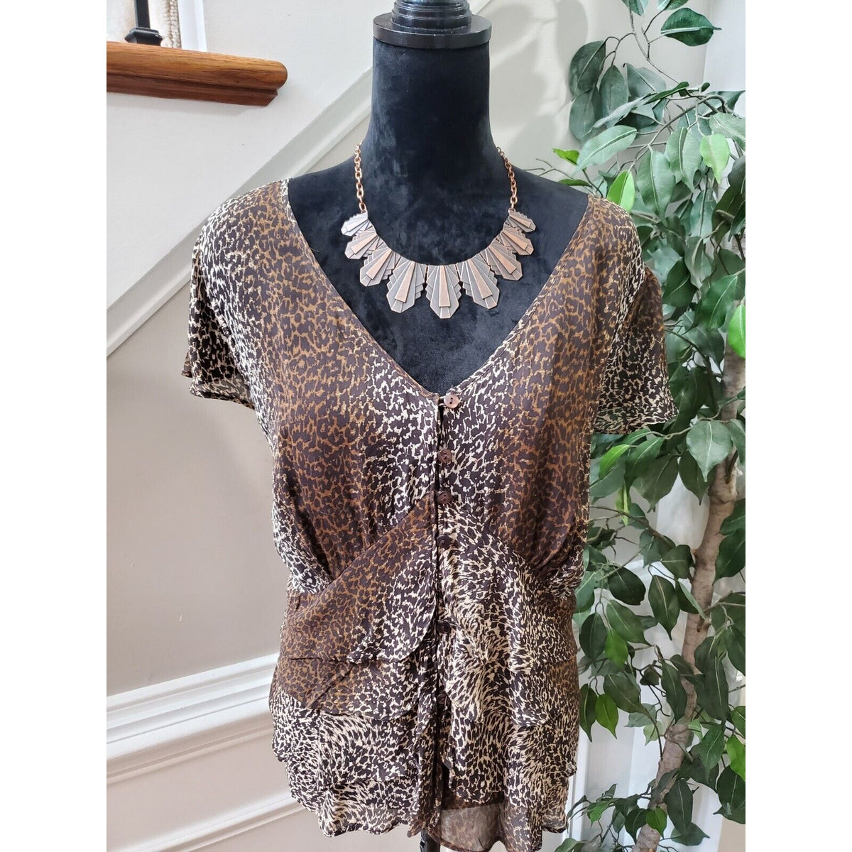 International Concepts Women's Brown Silk V-Neck Short Sleeve Casual Blouse 20W