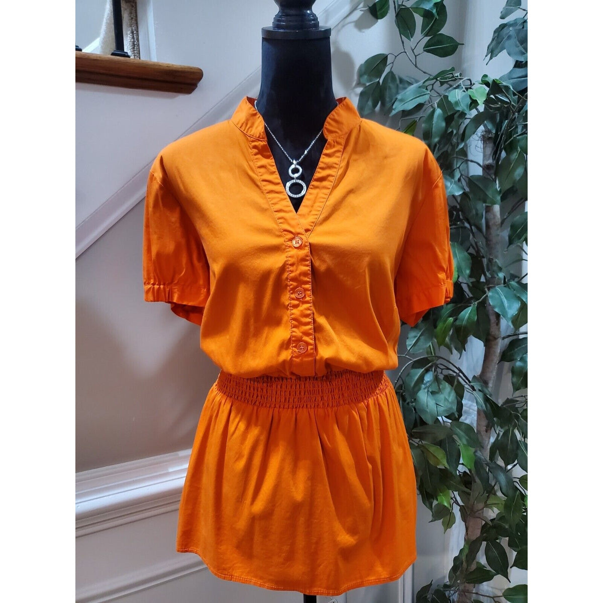 Ashley Stewart Women Orange Cotton V-Neck Short Sleeve Casual Top Blouse Size 14