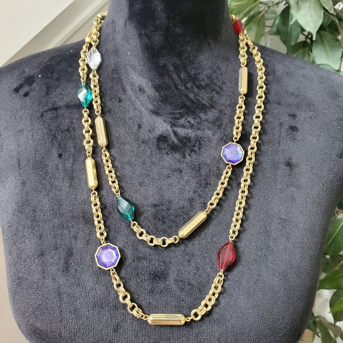 Women's Gold Gemstone Confetti with Lobster Clasp Long Necklace