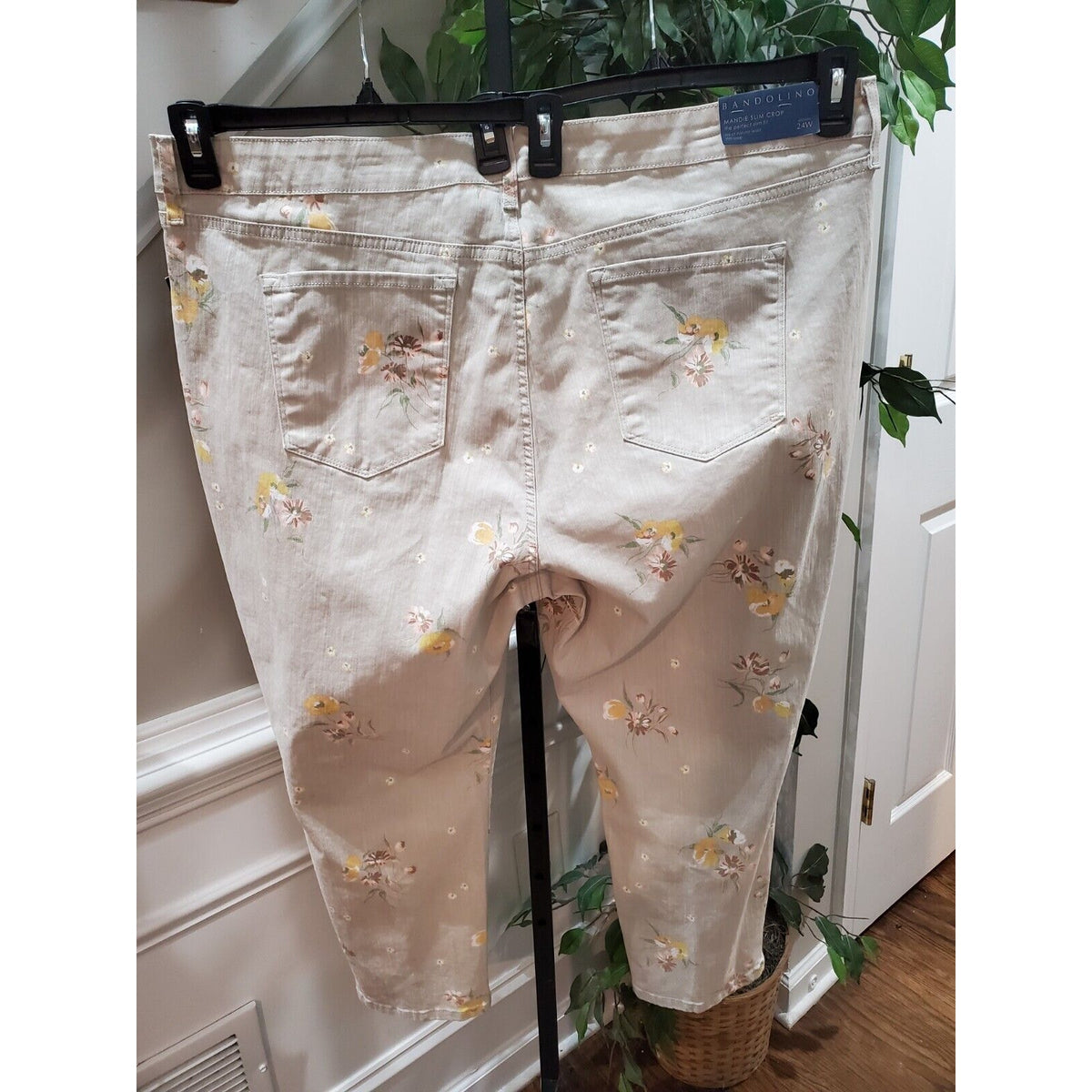 Bandoline Women's Beige Floral Cotton Straight Leg Flat Front Pants Size 24W