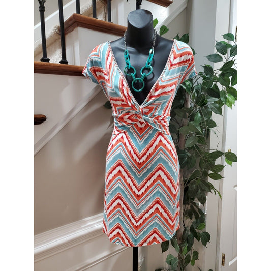 Joyous & Free Women's Multicolor Rayon V-Neck Short Sleeve Knee Length Dress XS