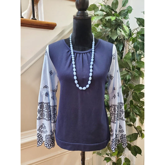 Crown & Ivy Women Blue 100% Cotton Round Neck Long Sleeve Top Blouse Size Small