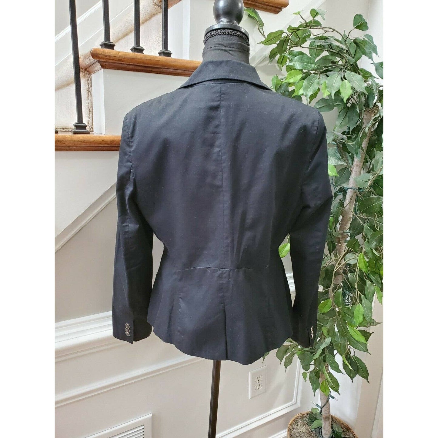 7th Avenue Women Solid Black Cotton Long Sleeve Fitted Two Buttons Blazer Size 8