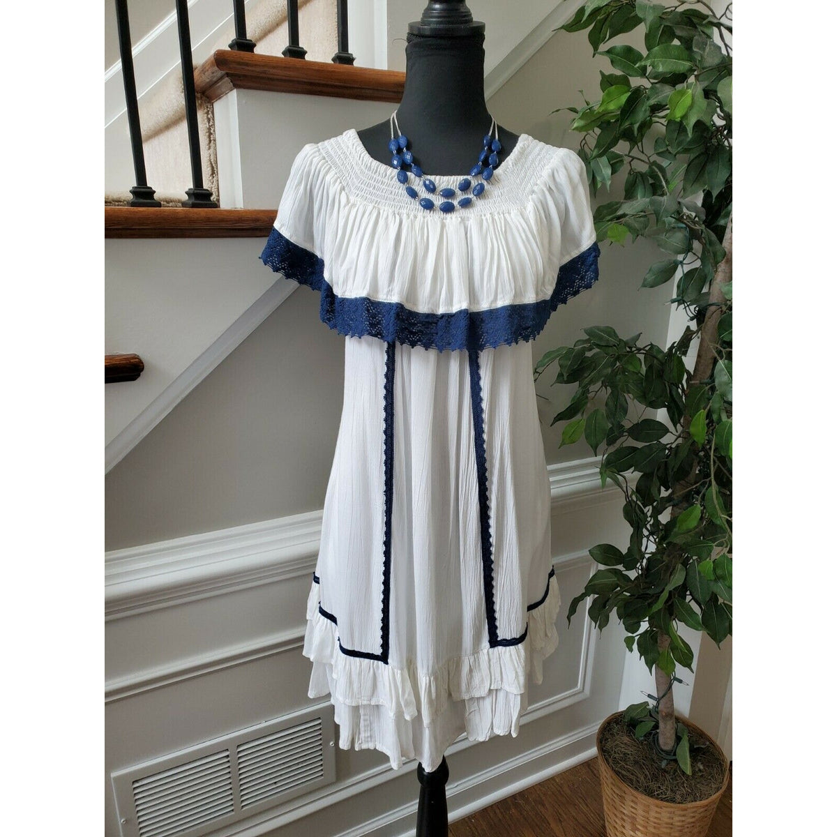 Ace Fashion Women's White & Blue 100% Rayon Short Sleeve Knee Length Dress