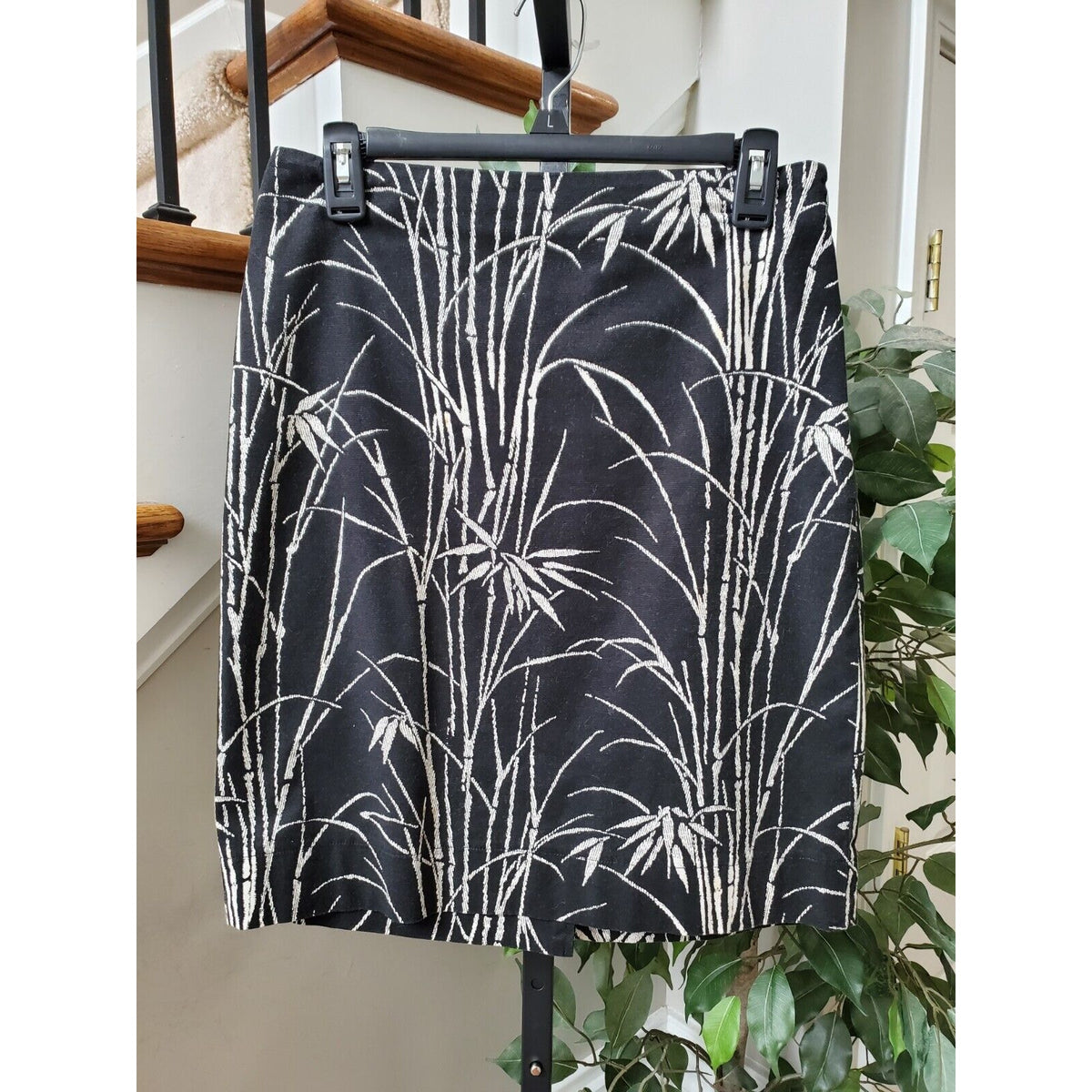 Talbots Women's Black & White Cotton Bamboo Print Knee Length Pencil Skirt 4