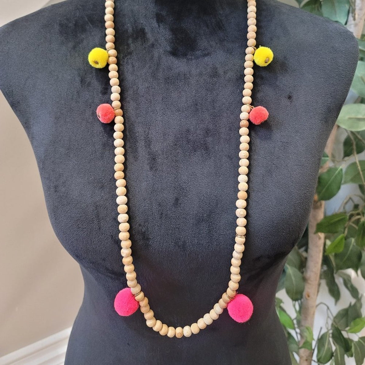 Women's Beige Wooden Round Beaded with Lobster Clasp Long Jewelry Necklace