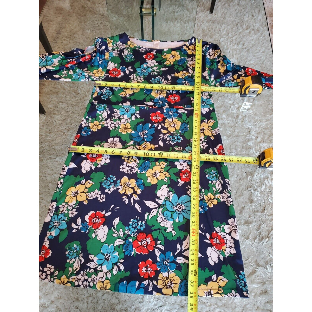 Women's Blue Floral Polyester Round Neck Long Sleeve Casual Knee Length Dress M