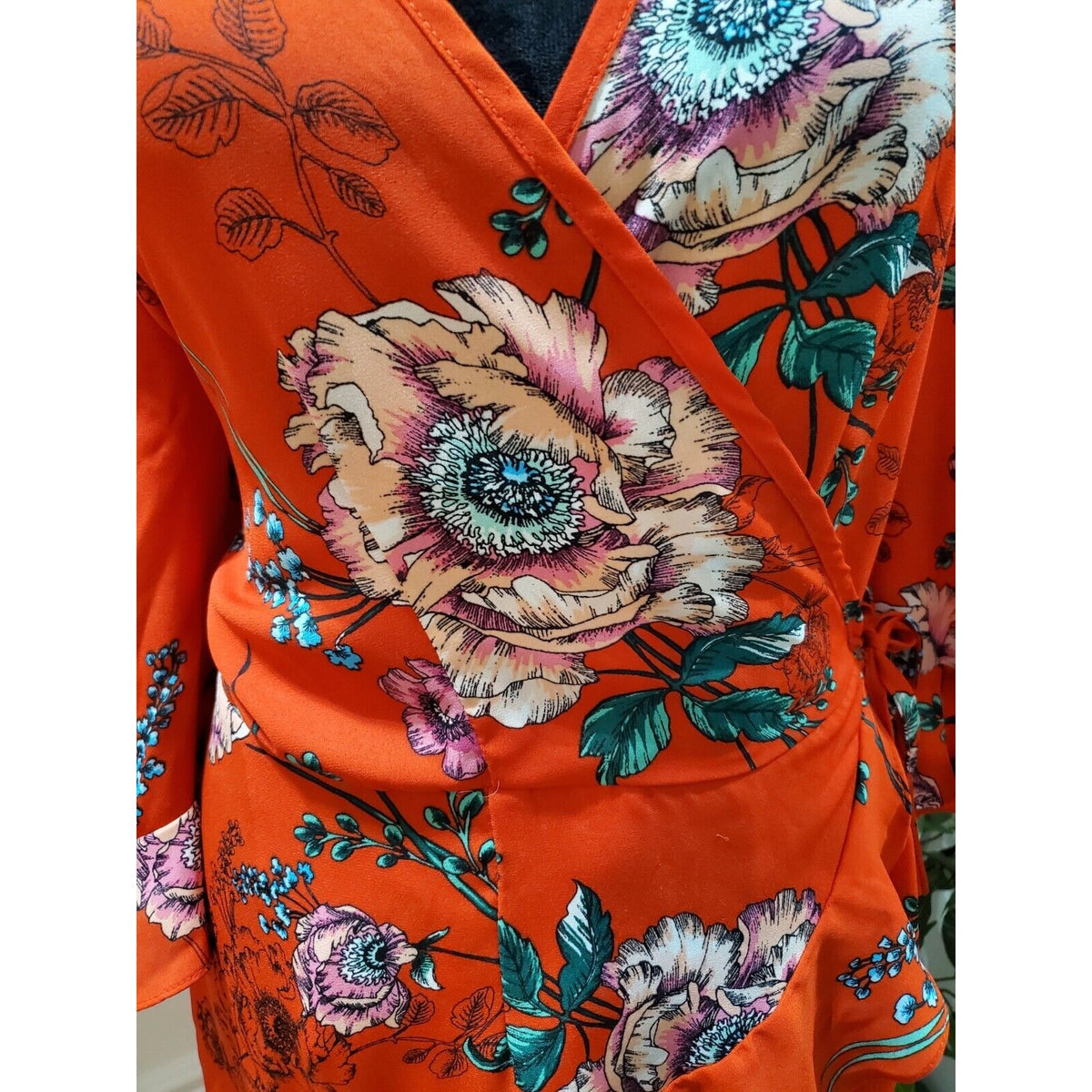 Haute Project Women Red Floral 100% Polyester V-Neck Long Sleeve Top Blouse XL