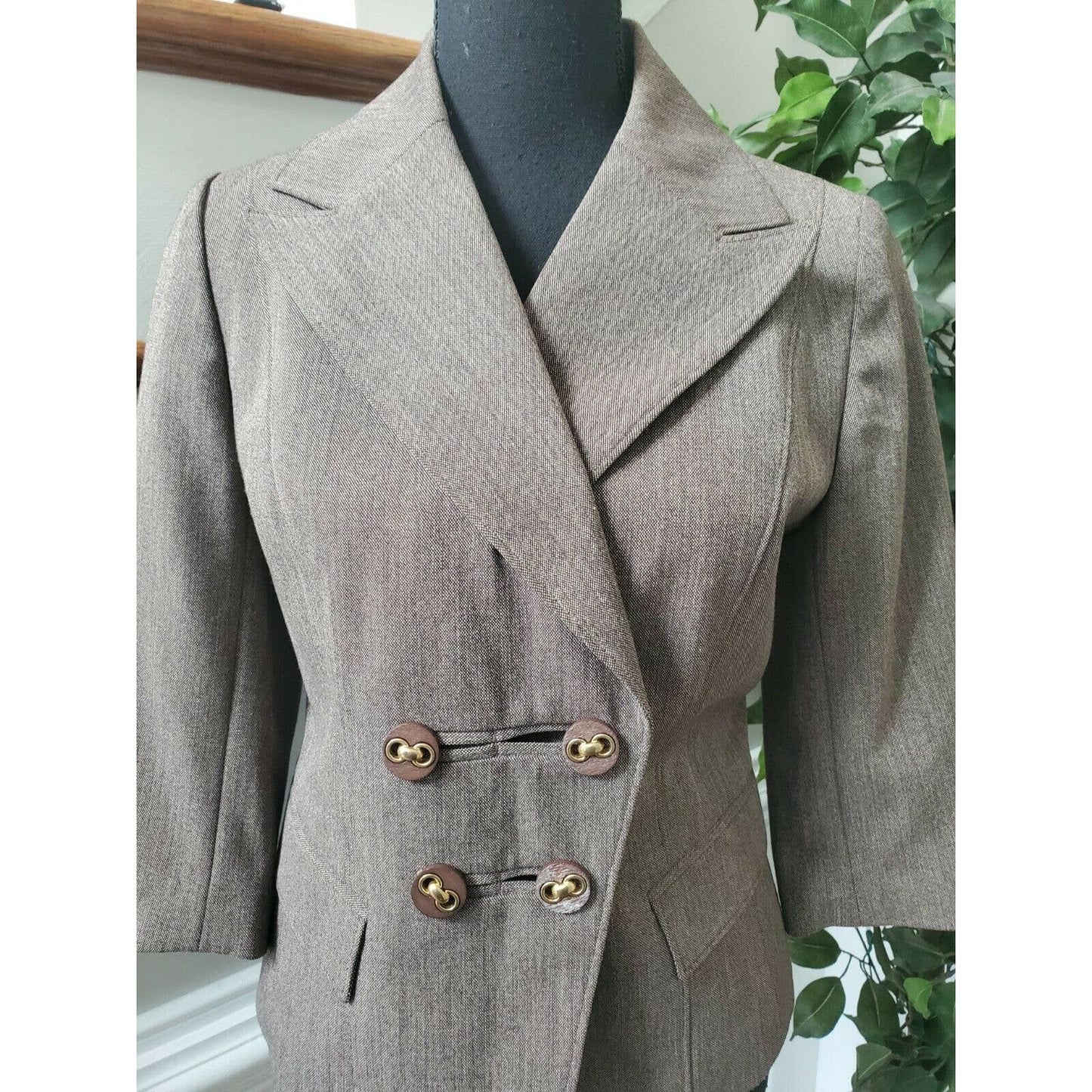 Josephine Womens Gray Polyester & Rayon Collared Button Long Sleeve Blazer