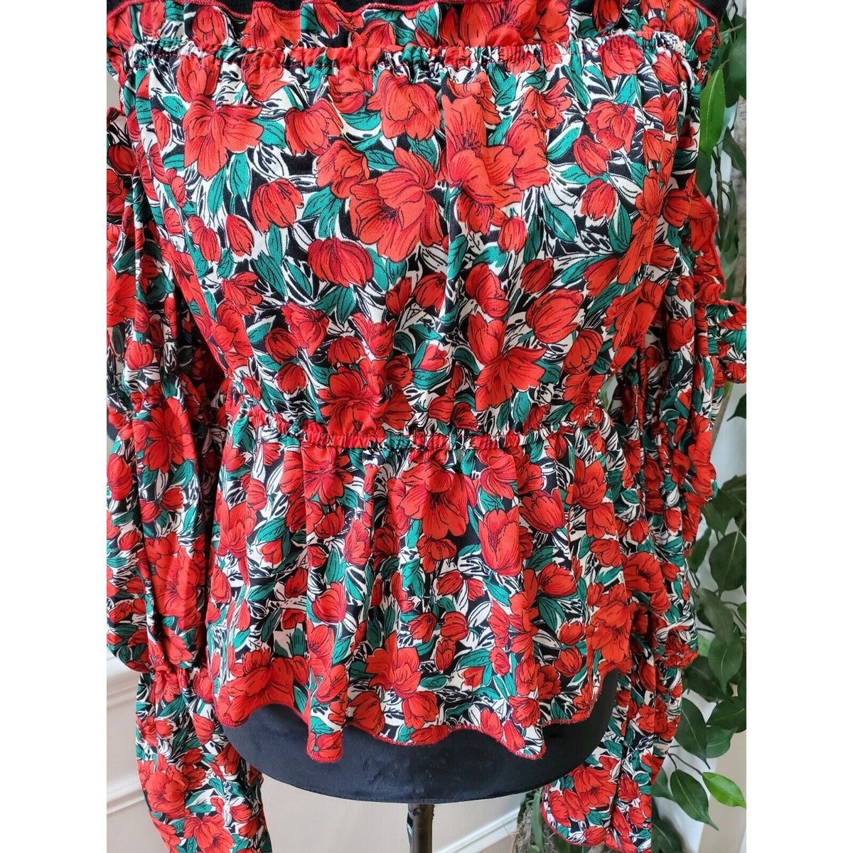 SHEIN Women Red Floral 100% Polyester Off The Shoulder Long Sleeve Top Blouse L