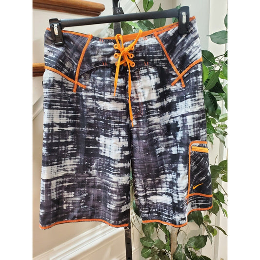 Nike Men's Gray & White Polyester Pull On Swim Trunk Logo Print Shorts Size 30
