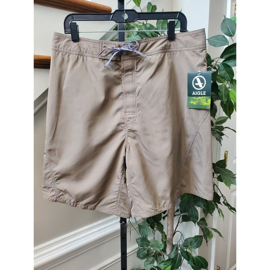 Aigle Men's Beige 100% Polyester Logo Print Pull On Swimwear Shorts Size Medium