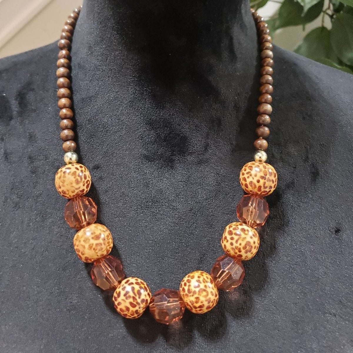 Womens Fashion Brown Clear Crystals, Wooden Beads, Leopard Print Beads Necklace