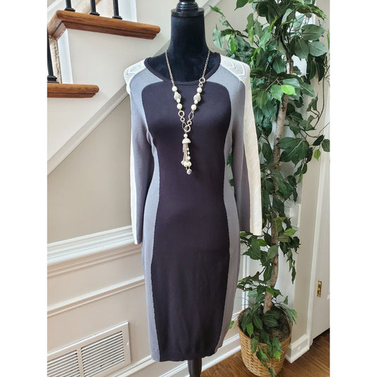 Cato Women's Black & Gray Polyester Round Neck Long Sleeve Knee Length Dress M