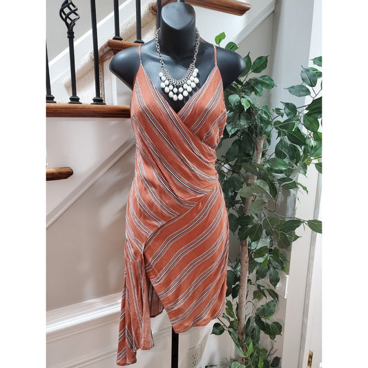Lush Women's Orange Striped 100% Rayon V-Neck Sleeveless Knee Length Dress Small