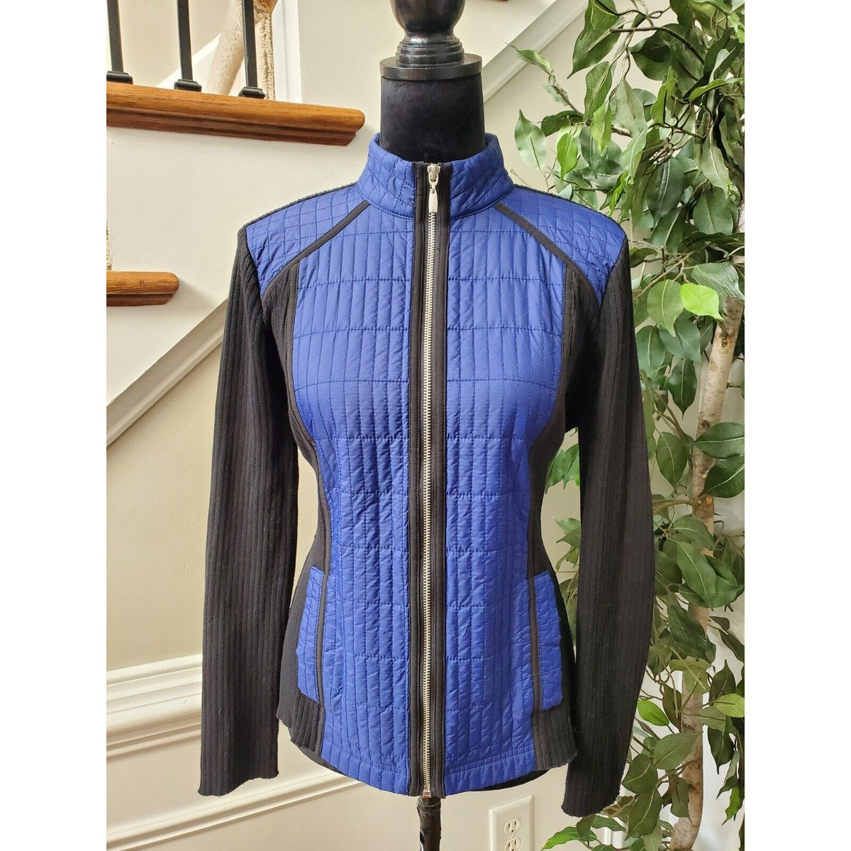 Zenergy By Chicos Women's Black Blue Cotton Long Sleeve Full Zip Front Jacket 1M