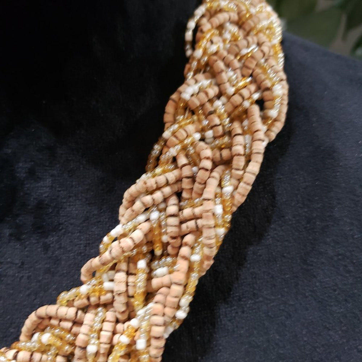 Women's Tan Peach Large Braided Seed Beads Statement Necklace